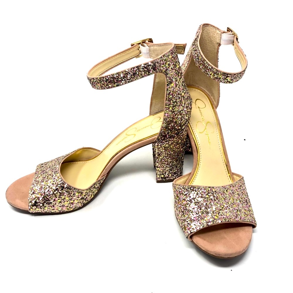 Jessica Simpson Sherron Glitter Sparkle Ankle Strap Open Toe Block Sandal Heel